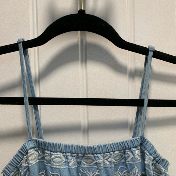 Small. Thin blue jean/ chambray jumpsuit. Embroidered top. - Picture 6 of 14